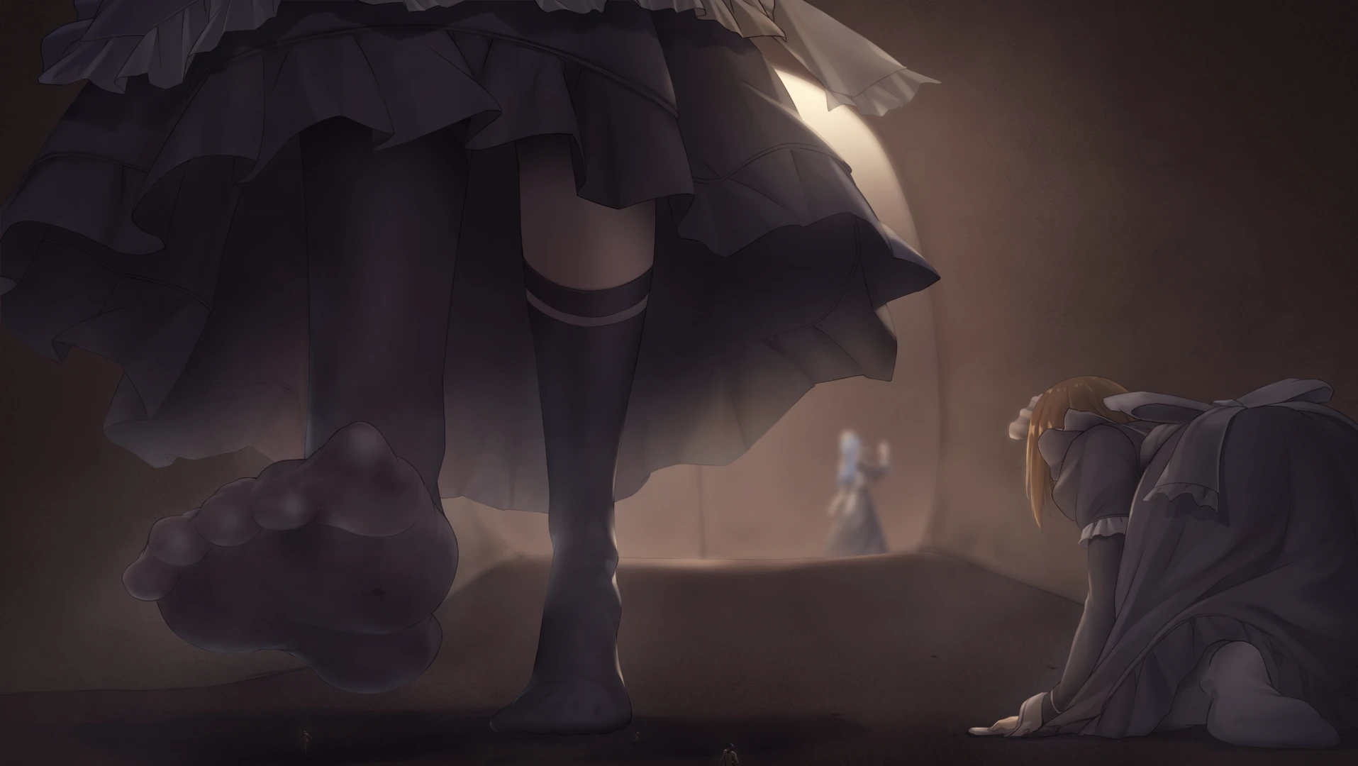 DRE - 【Standard Plan】 Ojo-sama has her maid clean up the shrunken human that is running around in her boots. / 素足履きのブーツ内で生き残った小人をメイドに掃除させるお嬢様 