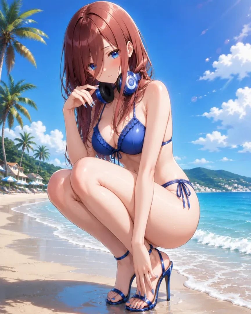 AniArts - Shiny Blue Bikini Dream: Busty Brown-Haired Goddess in Tight Blue Swimwear by the Ocean