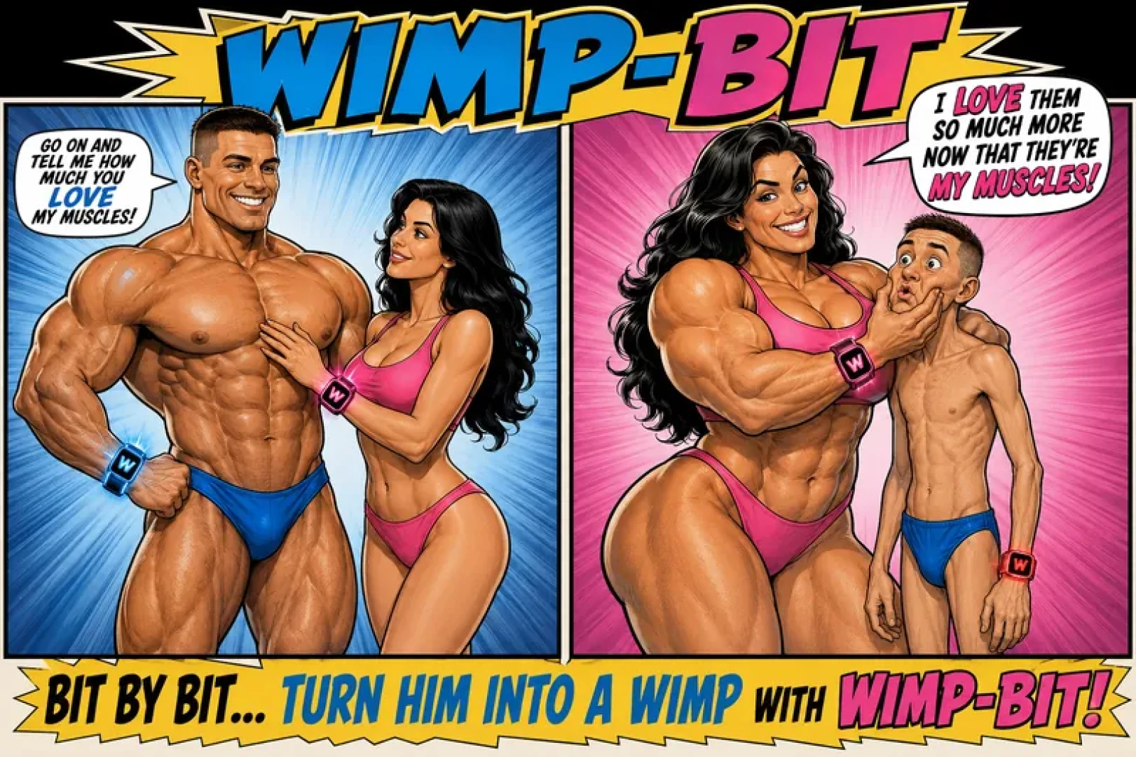 mightyfemalemusclecomix - Last Wimp-Bit Ad... for the night... probably... (AI Caption/Male Muscle Drain)