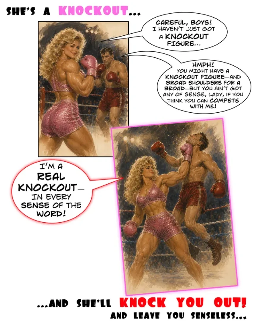 mightyfemalemusclecomix - She's a knockout... (AI Caption/Boxing) — page 1