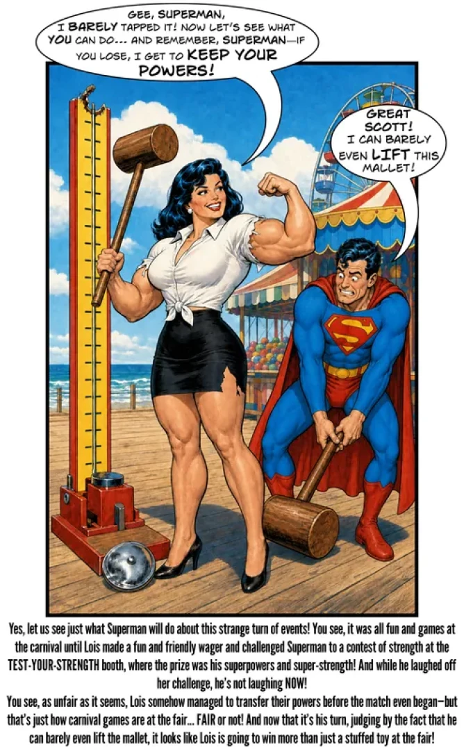 mightyfemalemusclecomix - All fun and games at the fair... (Supes AI Caption)