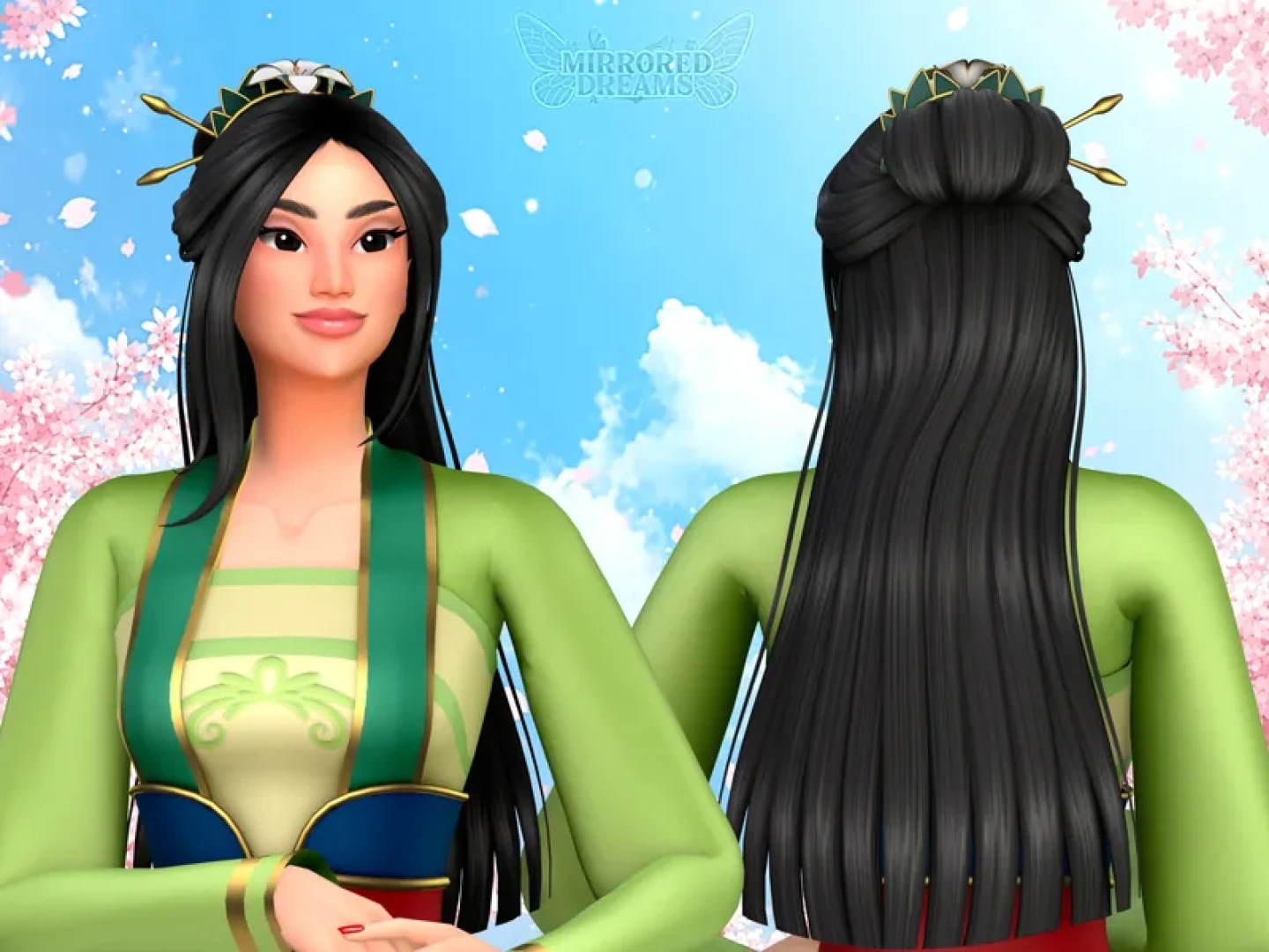 MirroredDreamsCC - Mulan's Hair + Comb With Flower